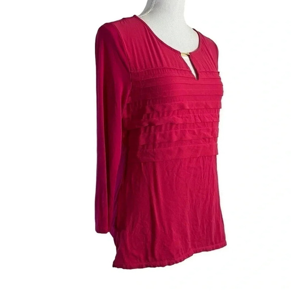 Calvin Klein Blouse Medium Hot Pink Tiered Ruffle Keyhole Neck Preppy 3/4 Sleeve - Picture 3 of 8